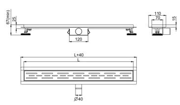 Dimension drawing of linear shower drain