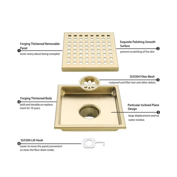 Stainless Steel gold Square Shower Drain