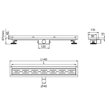 Dimension drawing of shower wall drain