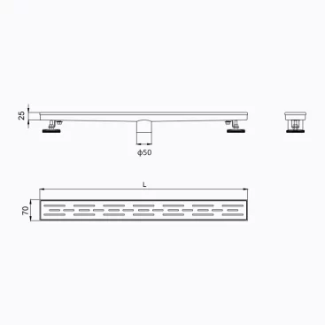 Dimension drawing of wet room shower tray linear drain