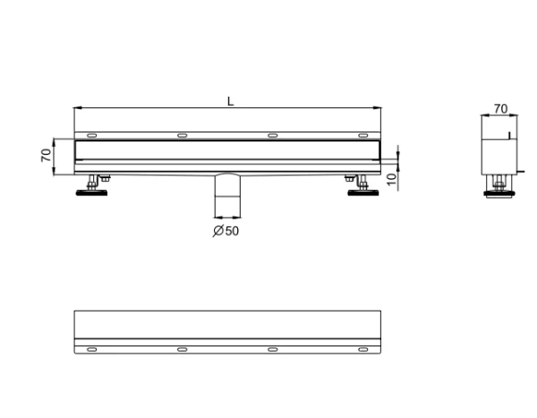 dimension drawing of linear wall drain for shower